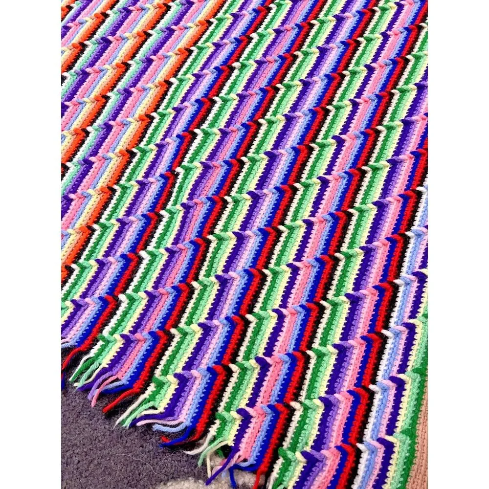 Vintage Handmade Multi Color Retro Stripe Crochet Afghan Throw Blanket 79 